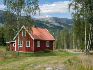 Obraz premium A charming red rustic wooden Scandinavian country house surrounded by birch trees. Serene rural scenery for depicting tranquility and simplicity in a countryside