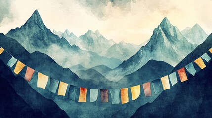 Mesmerizing Watercolor Artwork Depicting Majestic Mountains Adorned by Graceful Prayer Flags