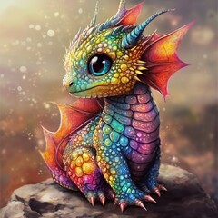 Obraz premium A cute dragon with a very colorful body and wings sits on a rock.