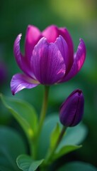 Deep purple petals, sharp focus, verdant background blur, natural, tranquil