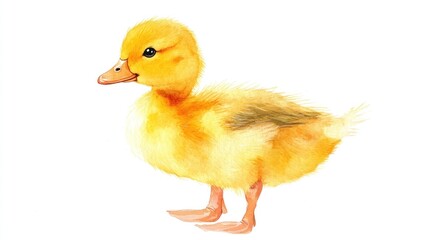 Fototapeta premium Cute yellow duckling, watercolor painting, white background, baby animal