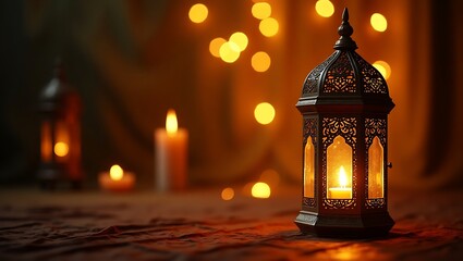 Ornate Moroccan lantern  warm glowing light  Ramadan decoration  Islamic art