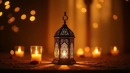 Ornate Moroccan lantern  warm glowing light  Ramadan decoration  Islamic art