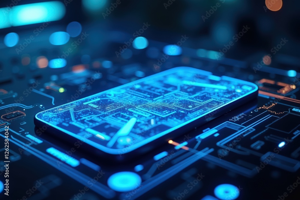 Poster futuristic mobile device on a glowing circuit board in a high-tech environment, capturing the essenc