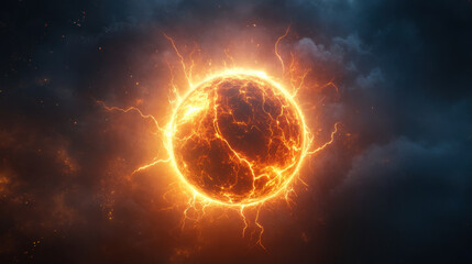 Obraz premium Fiery sun with electric energy surrounded by dark clouds, creating dramatic celestial scene. vibrant orange and yellow hues contrast against ominous sky