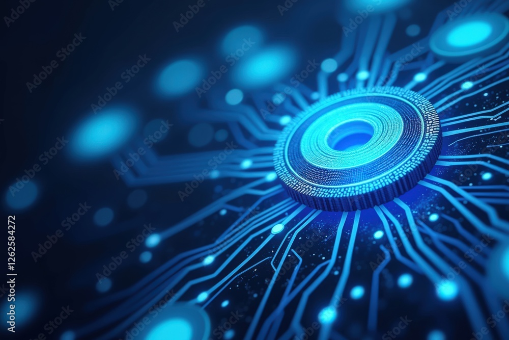 Poster close-up view of a futuristic digital circuit board featuring a central blue power button and vibran