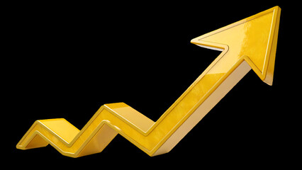 business 3D yellow arrow graph going up isolated on a transparent background