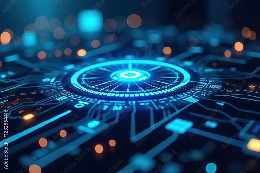 Poster a futuristic close-up of a technological circuit board with glowing blue and orange lights, signifyi