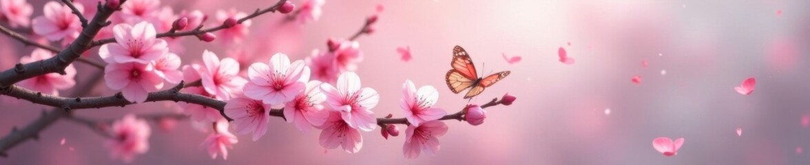 Fototapeta premium Delicate pink sakura branches,fluttering butterflies , pink, nature