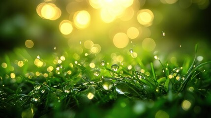 Obraz premium Dewdrops on Grass, Sunrise, Nature, Peaceful