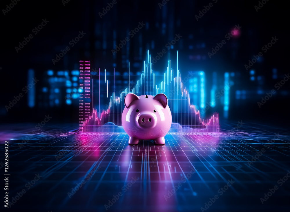 Poster pink piggy bank stands prominently against a backdrop of vibrant digital graphs, glowing in blue and