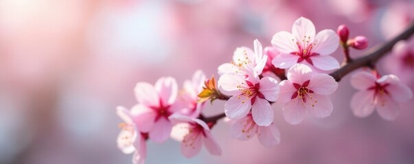 Delicate pink & white cherry blossoms on a tree branch, early spring , white, beautiful