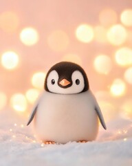 Fototapeta premium A cute baby penguin stands on soft snow, surrounded by shimmering lights, capturing the essence of winter charm.