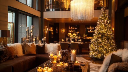 Elegant living room decorated for christmas with lit tree
