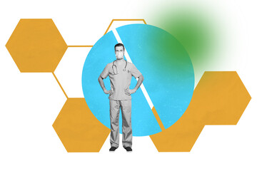 Composite art 3d creative collage of serious guy doctor wear protective mask clinic uniform science...