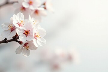 Fototapeta premium Delicate white cherry blossoms, soft light, pure white backdrop , beauty, white, spring