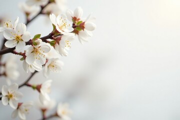 Fototapeta premium Delicate white cherry blossoms, soft light, pure white backdrop , nature, spring
