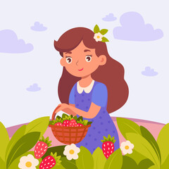 Female farmer in uniform picking strawberry berry from bushes in the garden. Harvest gathering time. Woman working in the orchard. Flat vector illustration isolated on white background.