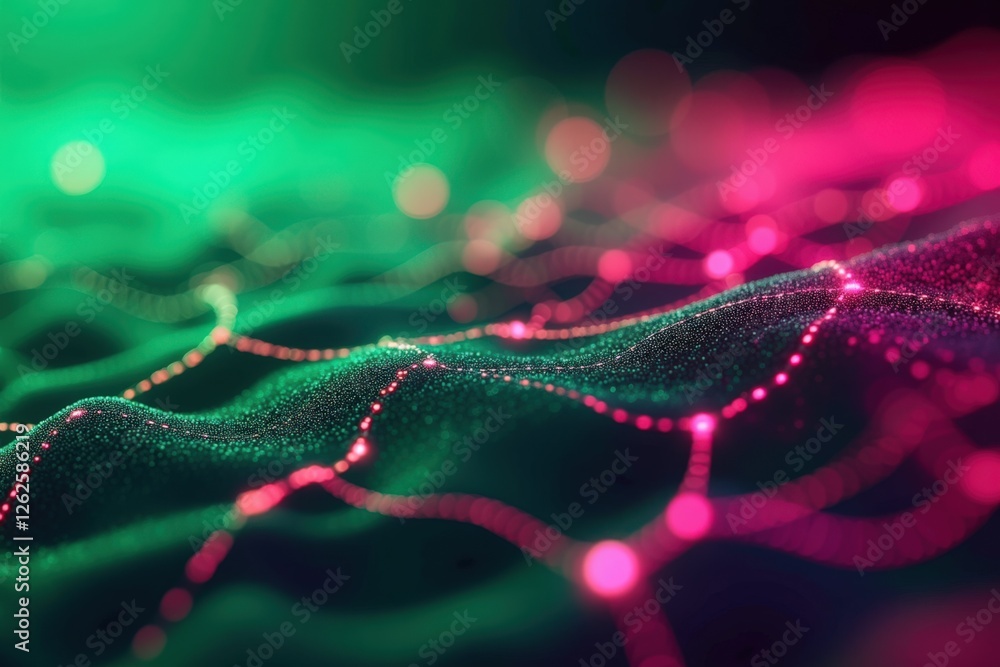 Poster a stunning visual representation of abstract digital art: interconnected nodes and waves in vibrant 