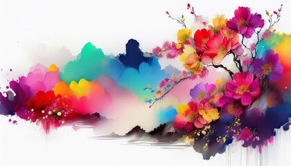 creative beautiful colorful traditional Chinese painting, traditional ink artwork of flowers on white background with copy space