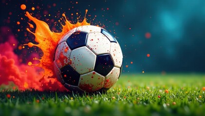 Naklejka premium Dynamic soccer ball with vibrant splatter paint design , illustration, speed