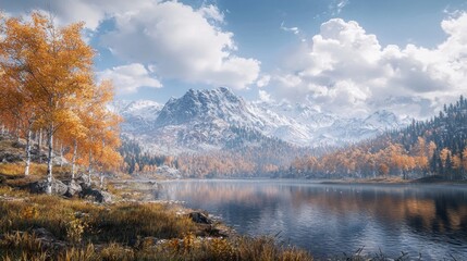 Fototapeta premium Autumnal mountain lake, golden trees reflect in calm water, snowy peaks
