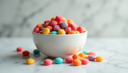 Elegant bowl overflows with vibrant hard candies, marble backdrop , confectionery, background
