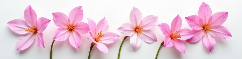 Fototapeta premium Elegant freesia blooms arranged on pristine white backdrop, bloom, white, photography