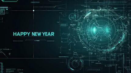 Fototapeta premium Futuristic Dark Gray Background with Happy New Year Words in Bright Blue Neon Style for Celebratory Digital Design