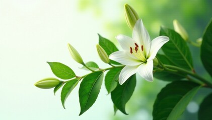 Fototapeta premium Elegant lily branch with lush green leaves, isolated , natural, element, texture