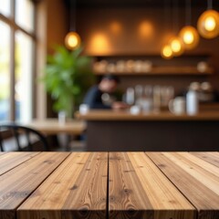 Empty wooden tabletop, blurred cafe background, golden bokeh, wood, light