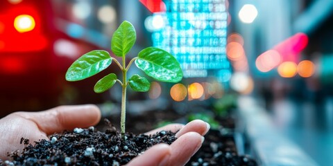 Sustainable Investing Plant Symbolizing Green Growth With Stock Data Screen In City, ESG Concept