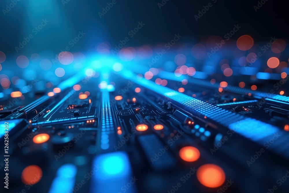Poster a close-up view of a circuit board with glowing components in a dark environment, highlighting the i
