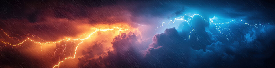 Fototapeta premium Dramatic thunderstorm with vibrant orange and blue lightning illuminating dark clouds. intense atmosphere evokes sense of power and awe in nature fury