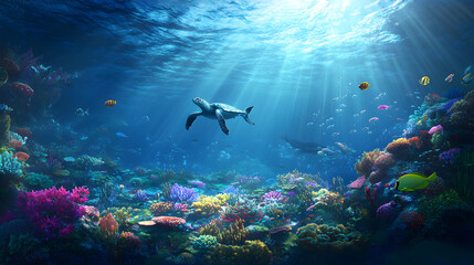 Fototapeta premium Underwater Symphony: A Kaleidoscope of Life and Light in the Ocean's Depths, Illuminating the Vibrant Bond Between Coral Reefs and Their Inhabitants in a Mesmerizing Dance