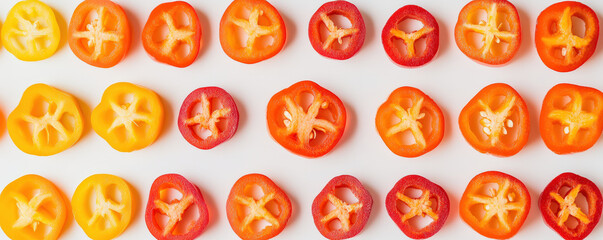 Sliced bell peppers in vibrant colors arranged in neat pattern, showcasing yellow, red, and orange varieties. fresh and colorful display perfect for culinary presentations