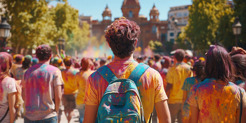 Fototapeta premium Tourist at Holi festival surrounded by a crowd, covered in colorful powder, celebrating the festival of colors outdoors