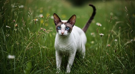 Cornish Rex Cat in Green Grass Meadow