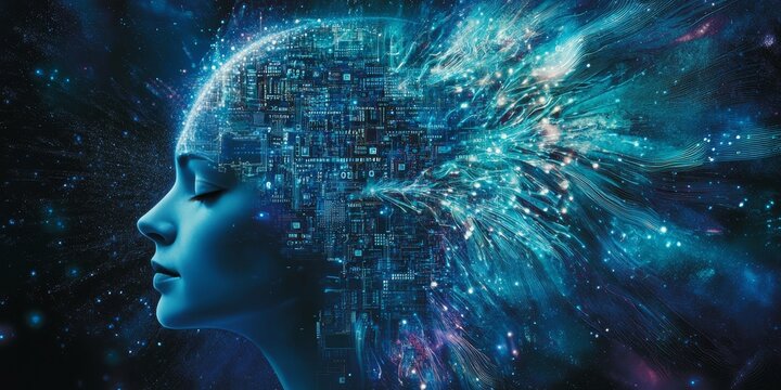 Human Head Profile with Circuit Boards, Binary Code, and Blue Energy on a Dark Background