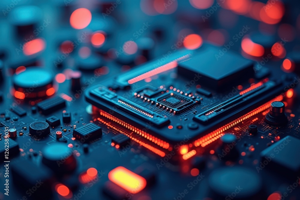 Poster a close-up view of a circuit board featuring a microprocessor surrounded by neon blue and red lighti