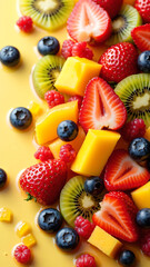 Obraz premium A beautifully arranged fruit salad in a white ceramic bowl, featuring strawberries, blueberries, kiwi, mango, grapes, and pomegranate seeds, garnished with fresh mint leaves for a vibrant and refreshi