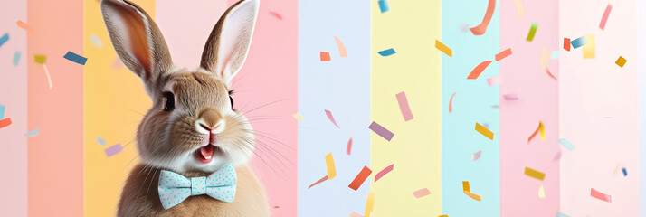 Obraz premium Happy rabbit wearing bow tie on striped pastel background with confetti. Celebrating Easter.