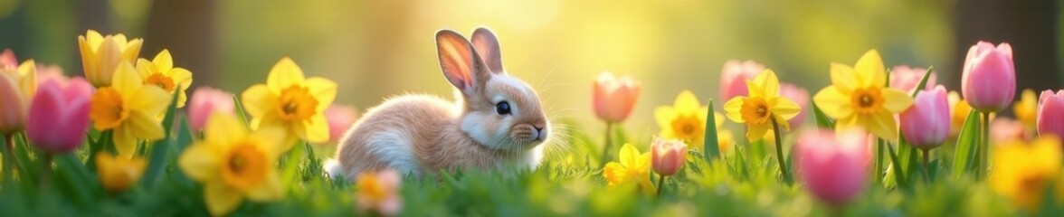 Fototapeta premium Fluffy bunnies nestled in tulips, daffodils, and hyacinths , picture, brown