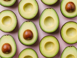 Pattern of Fresh Avocado Halves on a Light Pink Background