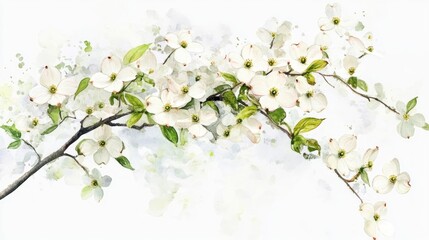 Obraz premium Dogwood blossoms branch, spring bloom, white flowers, watercolor painting, nature art print