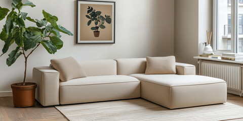 Stylish modern living room interior in bright earthly colors. Cozy living room arrangement with a picture frame, soft blankets, white pillows and house plants.