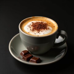 Fototapeta premium Frothy cappuccino, chocolate sprinkles, dark chocolate pieces Black background , warmth, food photography, hot drink