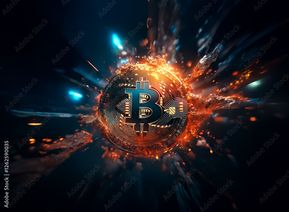 Poster A digital bitcoin symbol is exploding with energy and light against a dark backdrop, creating a dynamic and futuristic visual.