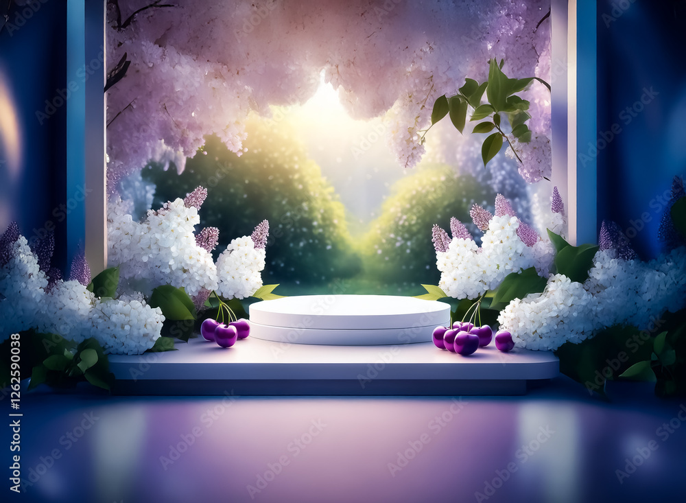 Poster White platform stage with white flowers and green leaves creates a serene nature scene. Blurred background with a bright light.