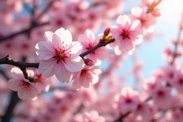 Obraz premium Full pink and white cherry blossom tree in early spring sunlight , nature, bright